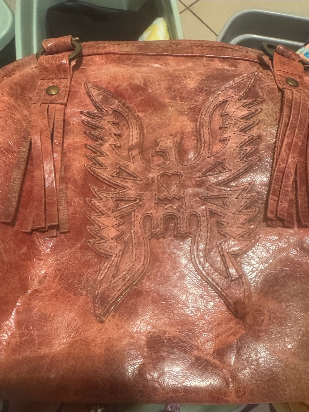 Brown Embossed Leather Tote Bag with Tassel Details